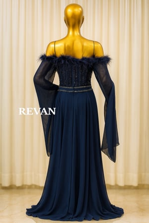 فستان سهرة فاخر من ريڤــان كحلي مطرز أوف شولدر مع ريش فاخر