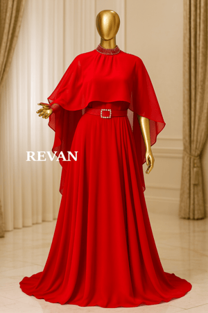 فستان سهرة شيفون مطرز بلؤلؤ مع حزام أنيق من ريڤــان