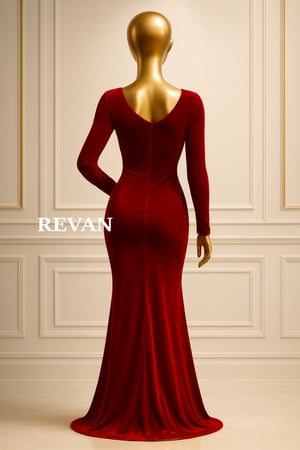 فستان سهرة أحمر مخملي فاخر من ريڤــان بتصميم راقي بأكمام طويلة وشق أمامي أنيق