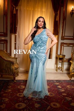 فستان سهرة مطرز بنقشة هندسية وكتف واحد مزين