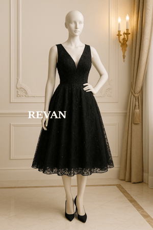 فستان ميدي فاخر من ريڤــان باللون الأسود والدانتيل