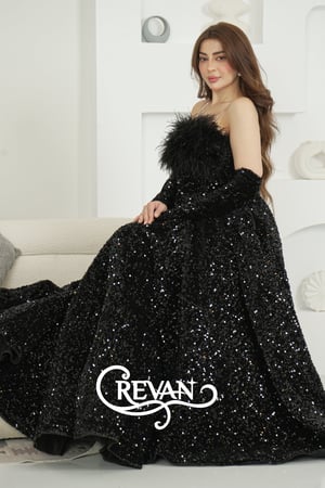 فستان ترتر توب ريش النعامة اكمام مفصولة