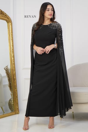 فستان تركي كريب طويل باكمام وشاح طويله