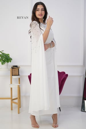 فستان تركي كريب طويل باكمام وشاح طويله