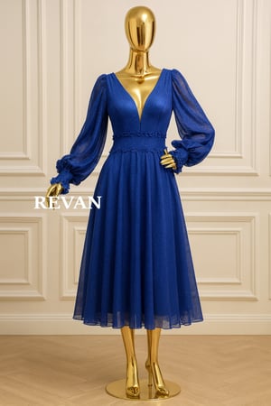 فستان ميدي شيفون بأكمام منفوخة وتطريز دانتيل من ريڤــان