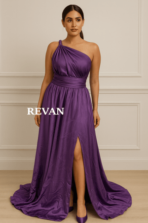 فستان سهرة فاخر من ريڤــان باللون البنفسجي الملوكي بتصميم كتف واحد وشق أمامي أنيق