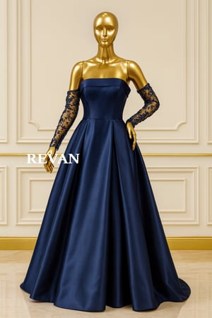 فستان سهرة فاخر من ريڤــان كحلي ملكي طويل بأكمام دانتيل مطرزة