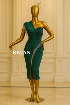 فستان سهرة فاخر زيتي من ريفان بقصة كتف واحد وشراشيب