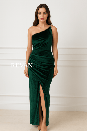 فستان ميدي فاخر من ريڤــان زيتي مخملي بكتف واحد مع تفصيلة ذهبية