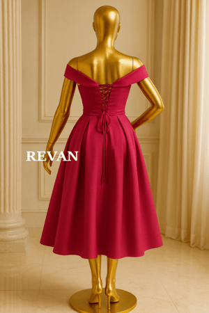 فستان ميدي فاخر من ريڤــان بقصة أوف شولدر مع ربطة أمامية