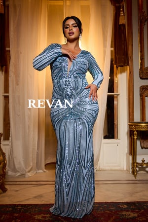 فستان سهرة مطرز بنقشة بأكمام طويلة