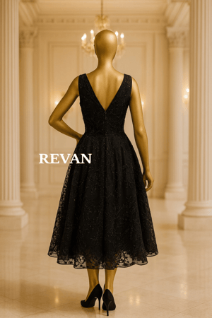 فستان ميدي فاخر من ريڤــان باللون الأسود والدانتيل