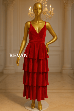 فستان سهرة فاخر من ريڤــان أحمر مخملي بطبقات متدرجة وقصة عصرية