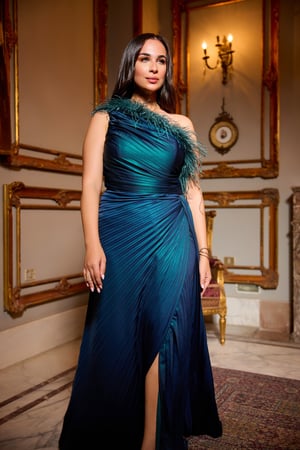 فستان سهرة بكتف واحد بطيات مائلة وتزيين ريش