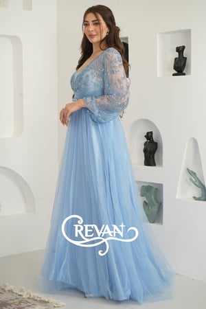 فستان كم  سماوي  سهره  مرصع بالخرز