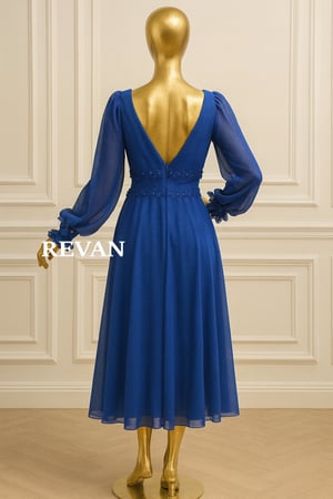 فستان ميدي شيفون بأكمام منفوخة وتطريز دانتيل من ريڤــان