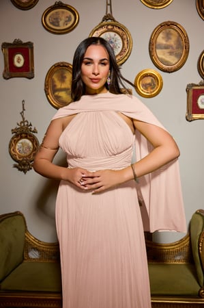 فستان سهرة بحمالة رقبة عالية وطيّات أنيقة مع شال منفصل