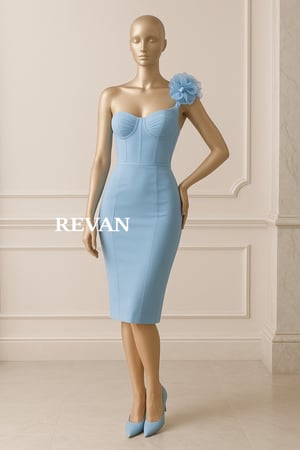 فستان تركي ميدي فاخر من ريفان بتفصيلة ورد على الكتف