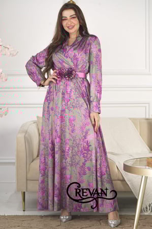 فستان طويل ستان لف ورد الربيع مزين بحزام ورد