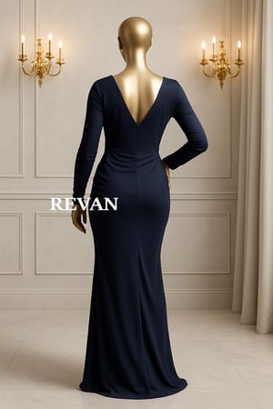 فستان سهرة كحلي من ريفان أكمام طويلة وتفصيل درابي