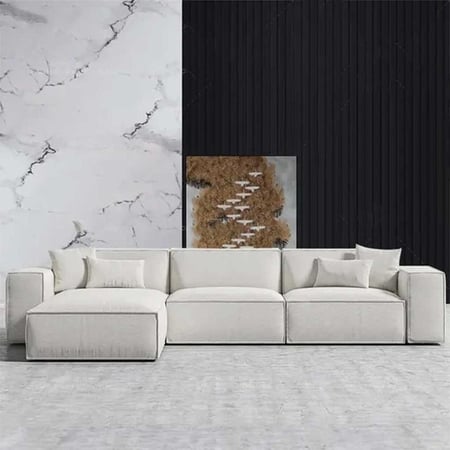 كنبة زاوية مونيكا علي شكل حرف L ارجل معدنية قماش شانيل لون بيج