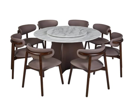 طاولة طعام إلفيرا مستديرة سطح رخام و قاعدة خشب بني مع 8 كراسي