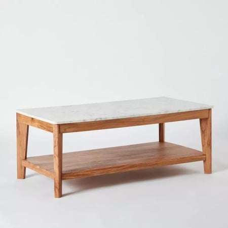 طاولة قهوة نيريلا بسطح من الرخام  برف و قاعدة من الخشب الصلب