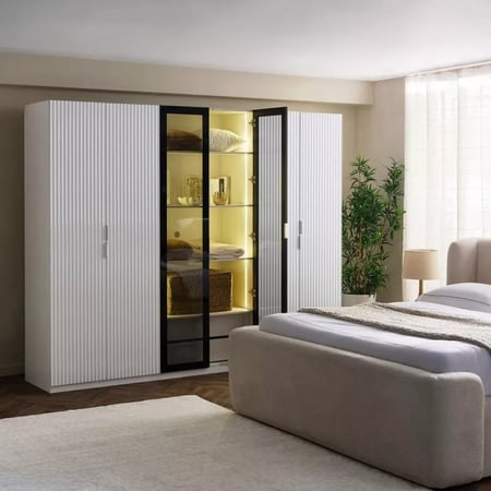 دولاب ملابس ذكية 6 أبواب بزجاج شفاف ودرجين من آركتيك لون أبيض