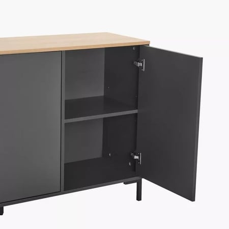 خزانة بوفيه جانبية دونيلا بثلاثة أبواب خشب هندسي اسود و سطح بيج بأرجل معدن اسود