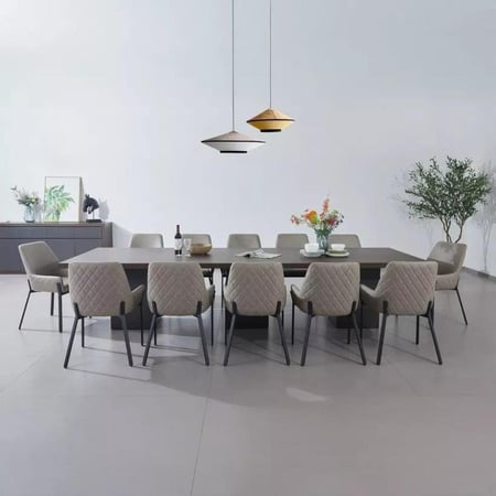 طقم طاولة سفرة كبيرة مع وبوفيه 4 أبواب و 4 ادراج ألواح ليفية متوسطة الكثافة لون اسود مع بيج 12 كراسي قماش رمادي بأرجل معدن اسود -من إلفارا