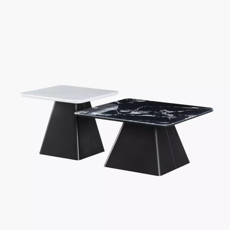 طقم طاولة قهوة تورڤيلّي قطعتين بسطح حجري لون اسود و رمادي وتشطيب رخامي بقاعدة معدن اسود