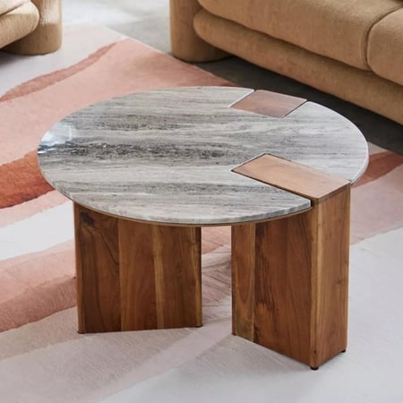 طاولة قهوة مارفيونا مستديرة بسطح رخام طبيعي و قاعدة خشب طبيعي