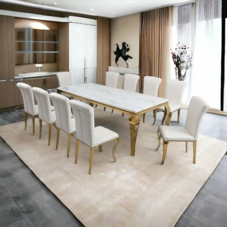 طقم طاولة طعام ماريا رخام قاعدة ذهبية قوية - 10 كراسي