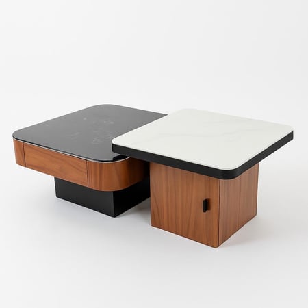 طقم طاولات عصري يجمع بين سطح رخامي أبيض وأسود مع قاعدة خشبية أنيقة. - من مارشيلا