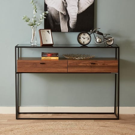 كونسول روبي خشب بسطح زجاج و قاعدة معدن لون بني مقاس 120x85x39 سم