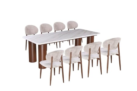 طاولة طعام بيليندا سطح رخام قاعدة معدن بني  مع 8 كراسي قماش بيج - 220*100*75 سم