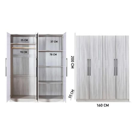 دولاب ملابس كلاريسا كبير4 باب خشب باللون الرمادي فاتح حديث وشكل عصري  160×55×200 سم