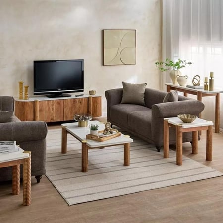 طاولة قهوة فيرفينا مستطيلة بسطح رخام ابيض و بأرجل خشب صلب بني