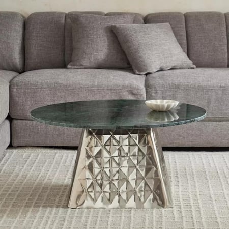 طاولة قهوة كافون دراسيل مستديرة بسطح رخام و قاعدة بتصميم هندسي معدن فضي