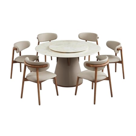 طاولة طعام دومينيكا مستديرة سطح رخام و قاعدة معدن بيج مع 6 كراس بيج