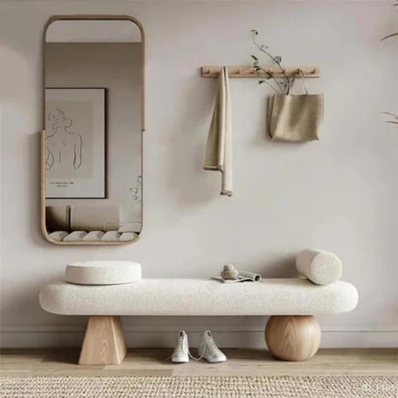 مقعد بنش ديكوري تاريو بتصميم هندسي فني بقاعدة خشب و قماش بوكليه