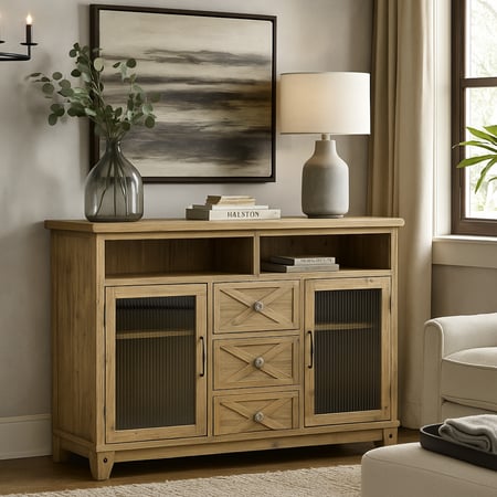 دولاب خشبي بتصميم ريفي أنيق مزود بثلاثة أدراج وأبواب زجاجية