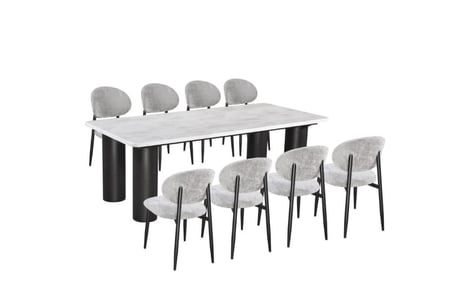 طاولة طعام بيليندا سطح رخام قاعدة معدن اسود مع 8 كراسي قماش رمادي - 220*100*75 سم