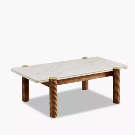 طاولة قهوة فيرفينا مستطيلة بسطح رخام ابيض و بأرجل خشب صلب بني