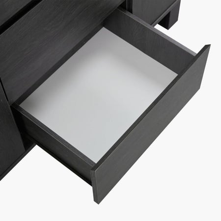 طقم طاولة سفرة بتصميم A خشب هندسي مع 6 كراسي قماش رمادي بارجل معدن اسود وخزانة جانبية 3 أبواب و 3 ادراج - من لونفيرا