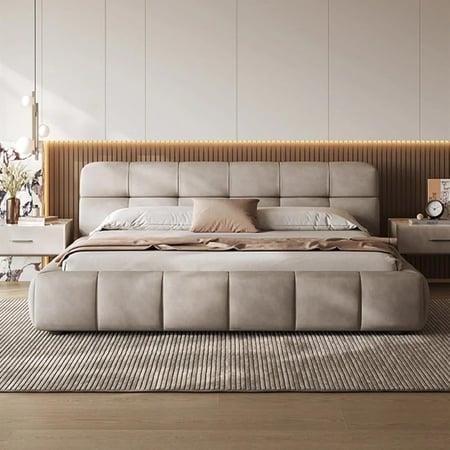 سرير لوفت منجد قماش مخمل بلون بيج