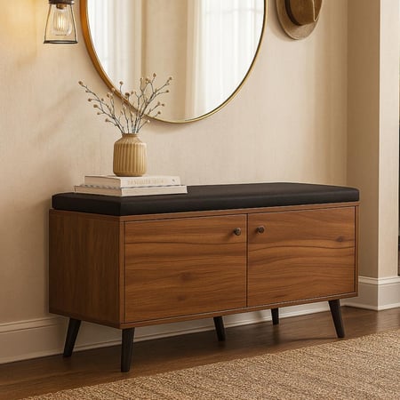 مقعد خشبي أنيق بوسادة سوداء ودواليب تخزين عملية.