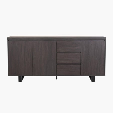 طقم طاولة سفرة بتصميم U خشب هندسي مع 6 كراسي قماش رمادي بارجل معدن اسود وخزانة جانبية 3 أبواب و 3 ادراج - من لونفيرا