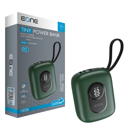 إي ون باور بنك  Tiny سعة 10000mAh  بقوة 22.5 واط شاشة ديجيتال وكيابل مدمجة - أخضر