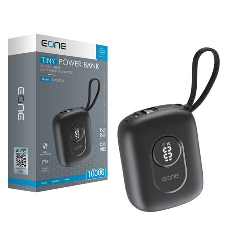 إي ون باور بنك  Tiny سعة 10000mAh  بقوة 22.5 واط شاشة ديجيتال وكيابل مدمجة - أسود